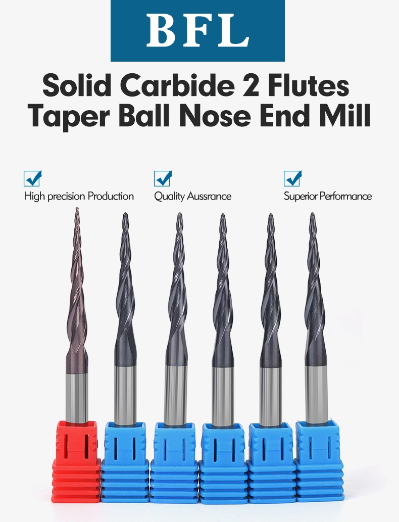 Tungsten Solid Carbide Coated 2 Flute Tapered Taper Ball Nose End Mill Cone Type Milling Cutter for Wood